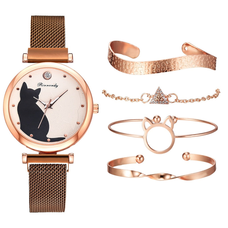 Fashion Watch Set Women 5pcs Quartz Wristwatch Mesh Bracelet Cat Dial Luxury Woman Watch Casual Ladies Clock Relogio Femenino