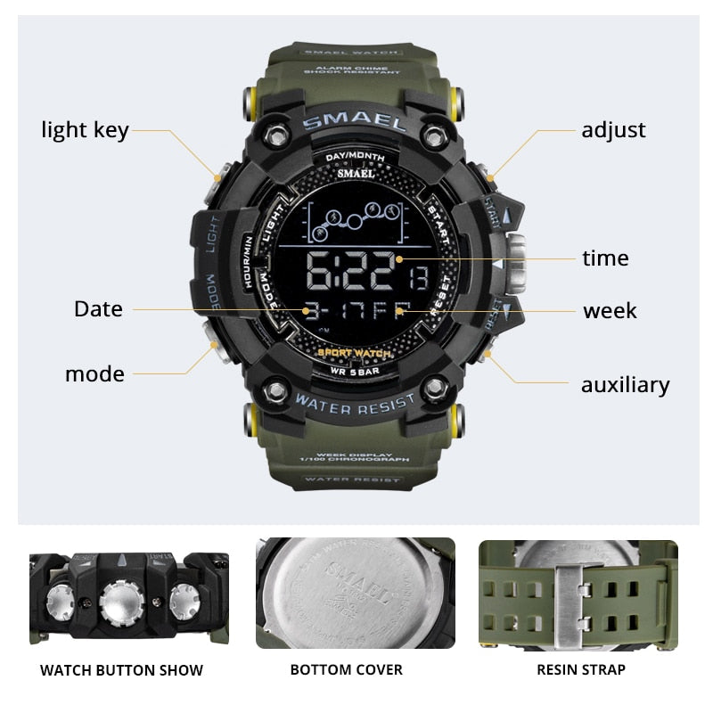 SMAEL Military Sport Watch Mens Stopwatch Waterproof Chrono Digital Wristwatches For Men Chronograph Clock Relogio Masculino