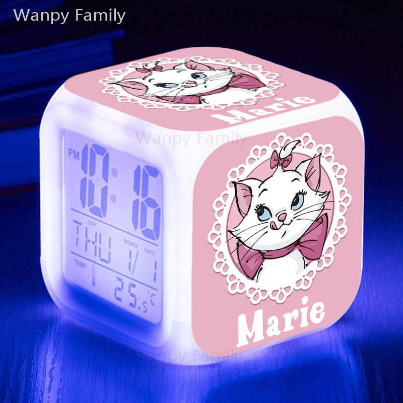 Cute Marie Cat Alarm Clock 7 Color Glowing LED Digital Clock Kids Room Touch Sensing Small Night Lamp Desk Clock Gift For Child