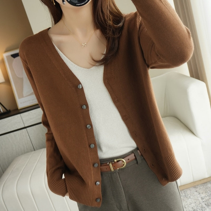 Spring Autumn New V-Neck Knitted Cardigan Women's Loose Large Size Thin Sweater All-Match Jacket Pure Color Basic Small Cardigan