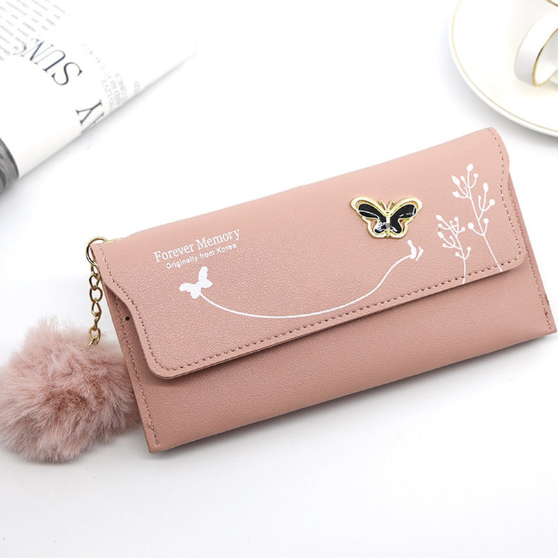 Butterfly Designer Women Long Wallets PU Leather Money Bag Solid Wool Ball Bow Clutch Bag Large Capacity Card Bag Coin Purse