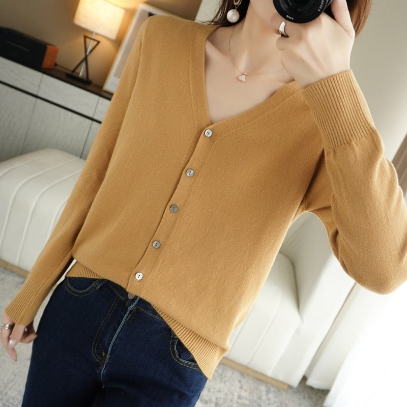 Spring Autumn New V-Neck Knitted Cardigan Women's Loose Large Size Thin Sweater All-Match Jacket Pure Color Basic Small Cardigan