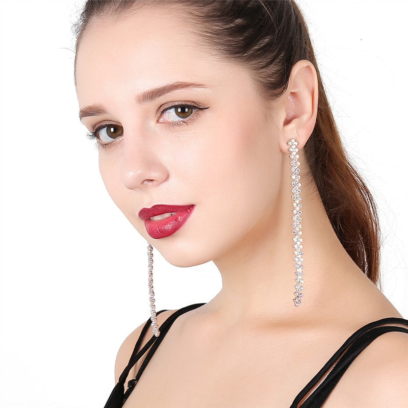 17cm Long Rhinestones Crystal Dangle Earrings Women Fashion Drop Earrings Jewelry Silver Color Double Tail Tassel Accessories
