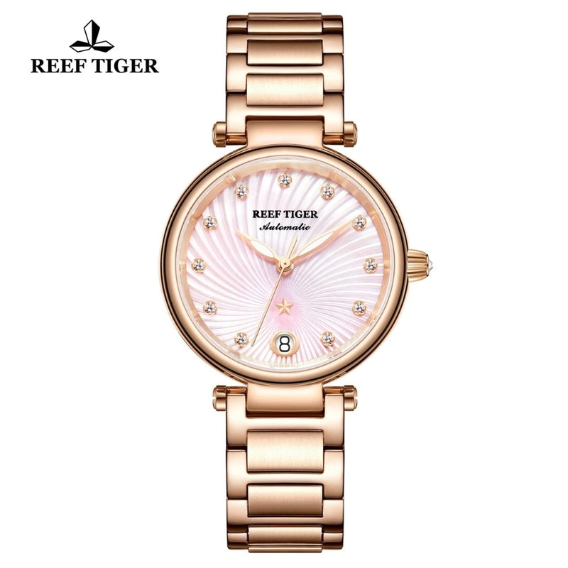 Reef Tiger/RT Top Brand Luxury Automatic Mechanical Women Watch Rose Gold Case Diamond Dial Bracelet Ladies Watches Date Clock