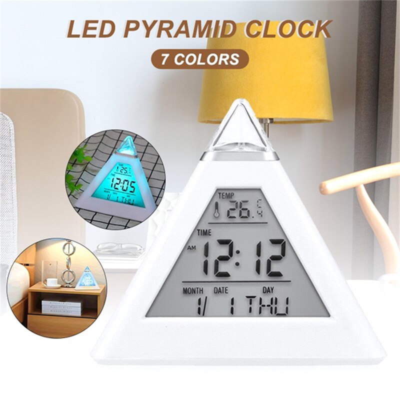 Pyramid LCD Alarm Table Clock Thermometer Digital Table Clock 7 Colors Backlight Changeable Led Clock Home Night Light