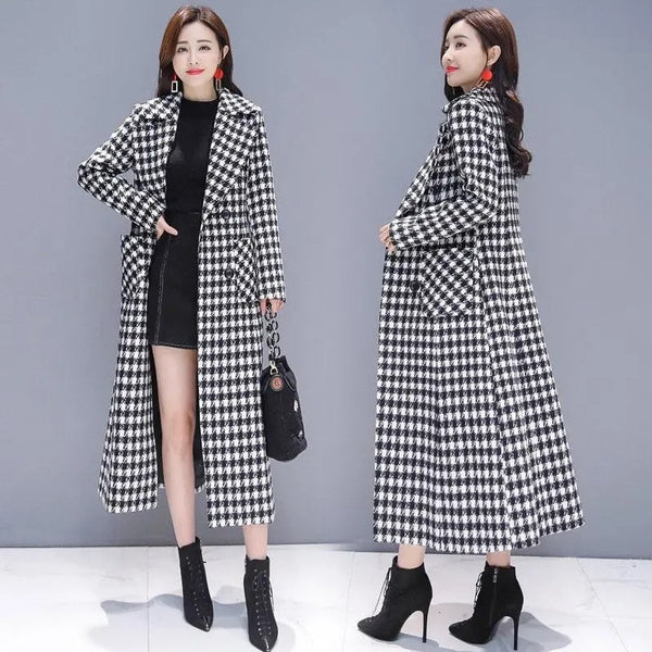 2022 New Plaid Woolen Coat Women Jacket Coat Mid-length Long Coat Temperament Houndstooth Woolen Coat Slim Fit Overcoat Outerwea