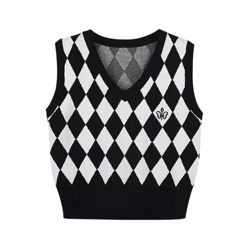 Checkerboard Plaid Sweater Vest For Women Vintage Print Knitted Mini Vest Casual Streetwear Harajuku Clothing Autumn Top