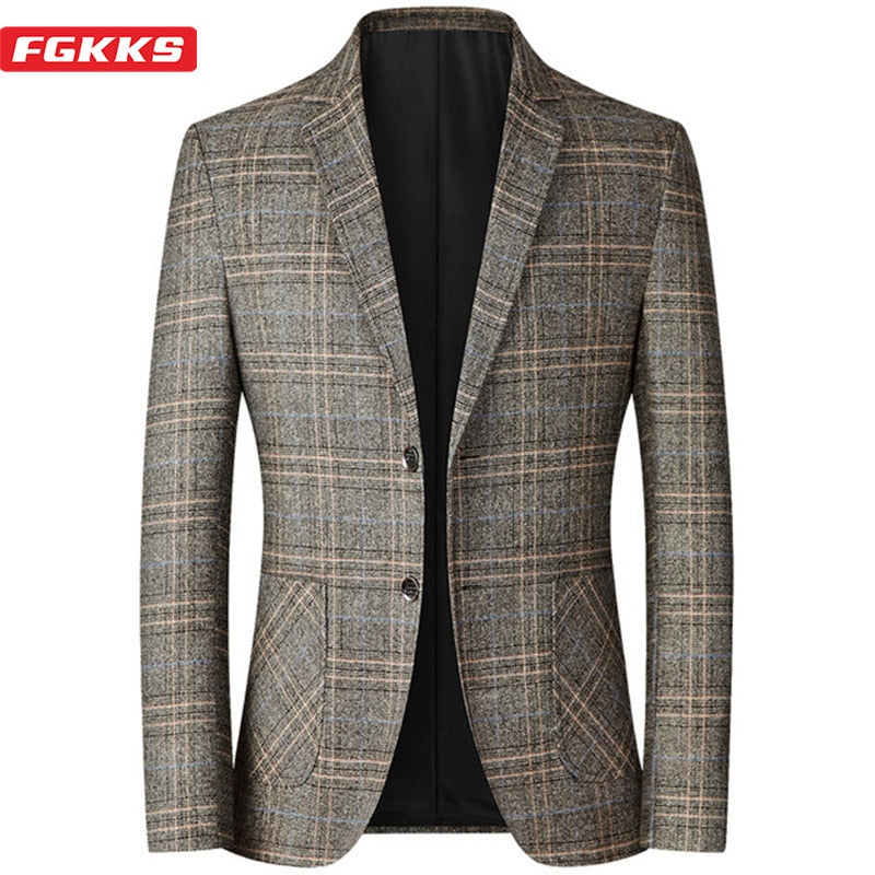 FGKKS 2021 Spring Autumn Blazers Men Slim Fit British Plaid Formal Suit Jacket Party Wedding Business Casual Blazers Male