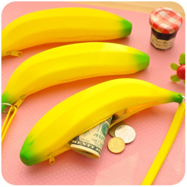 Novelty Funny Silicone Portable Yellow Banana Coin Purses Multifunction Pencil Case Purse Bag Wallet Key Bag Pouch