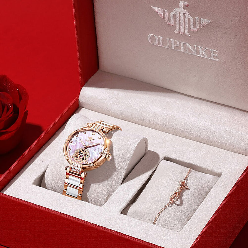 OUPINKE Top Luxury Brand Automatic Mechanical Women Watch Tungsten Steel Watchstrap Waterproof Gift Automatic Watches Women 3183