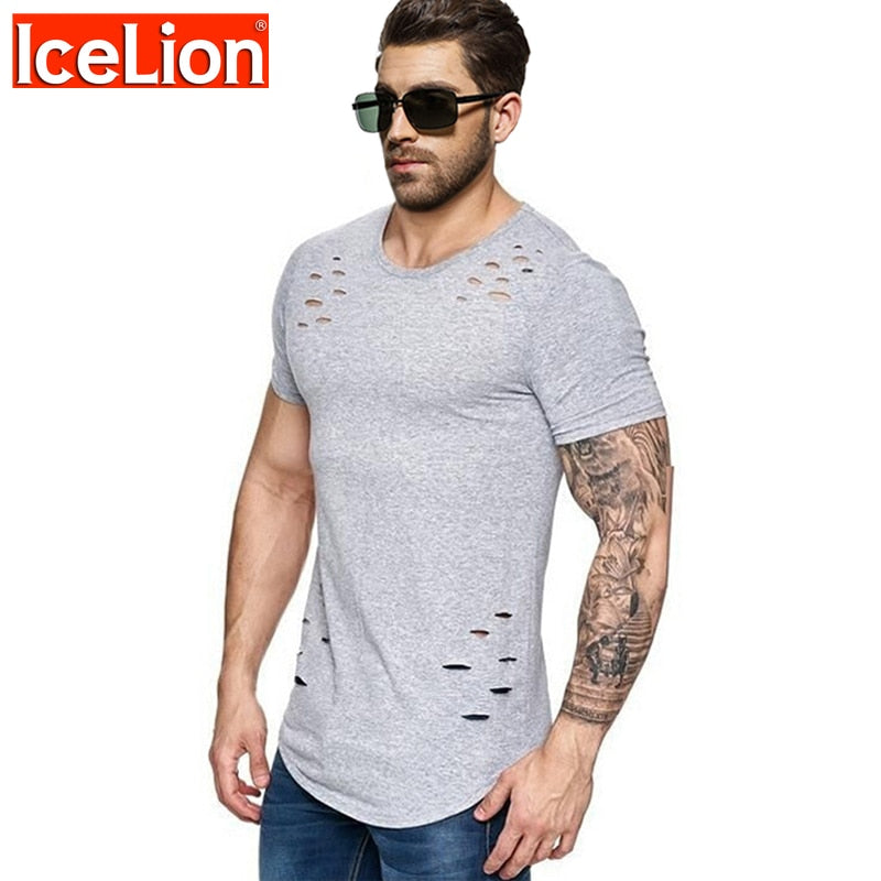 IceLion 2021 New Spring Short T Shirt Men Fashion Hole Design Fitness T-shirt Summer Short Sleeve Solid Slim Fit Hip Hop Tshirt