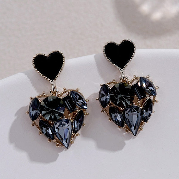 Vintage Women’s Heart Shape Cute Drop Earrings 2022 Fashion Black Crystal Love Heart Statement Earrings for Women Jewelry Gifts