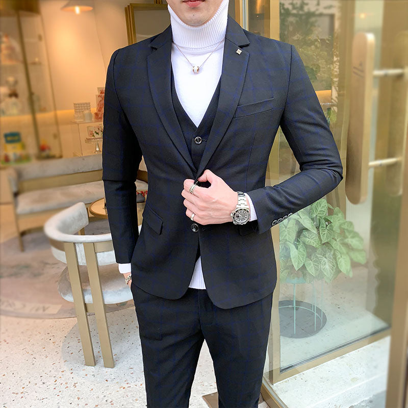 Men Dress Blazers Pants Vest 3 Piece Set / Male Wedding New 2022 Autumn Business Formal Plaid Suit Luxury Slim Fit Coat Trousers