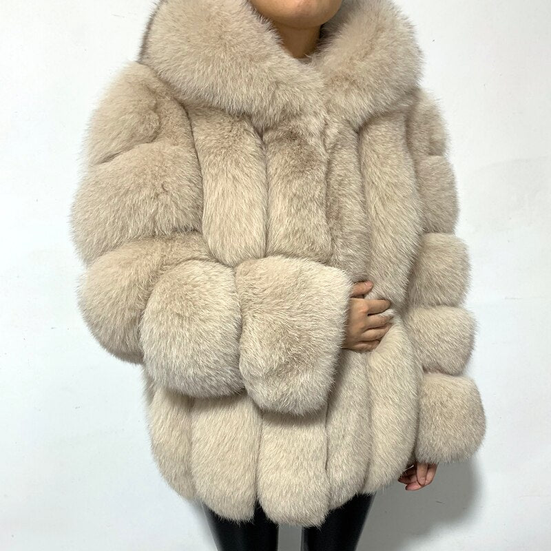 rf1991 Super Warm Women's Fashion Fox Fur Coat with Big Hood Genuine Leather Woman's Real Fur Jacket for Winter