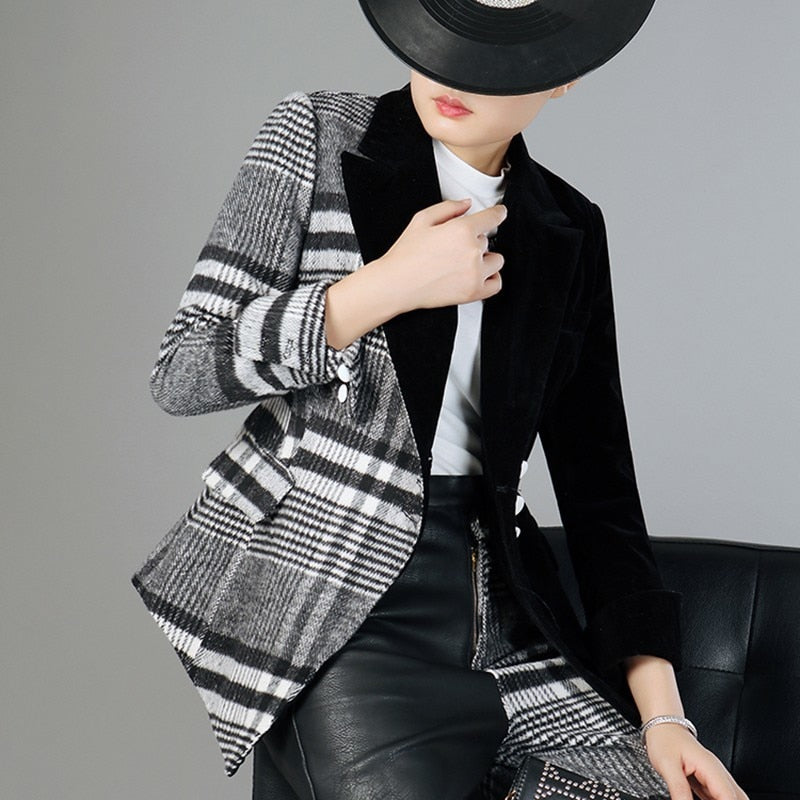 TWOTWINSTYLE Velour Patchwork Wool Plaid Blazer Coat Female Long Sleeve Asymmetrical Women's Suits 2022 Spring Fashion Clothes