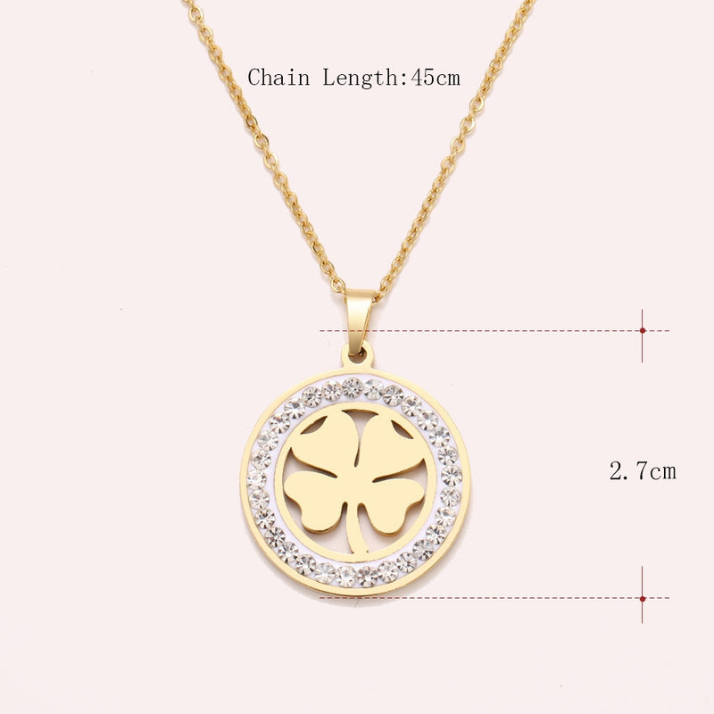 Cacana Stainless Steel Crystal Round Pendants Necklace Women Choker Jewelry Clover Trendy Necklaces Chain Valentine&