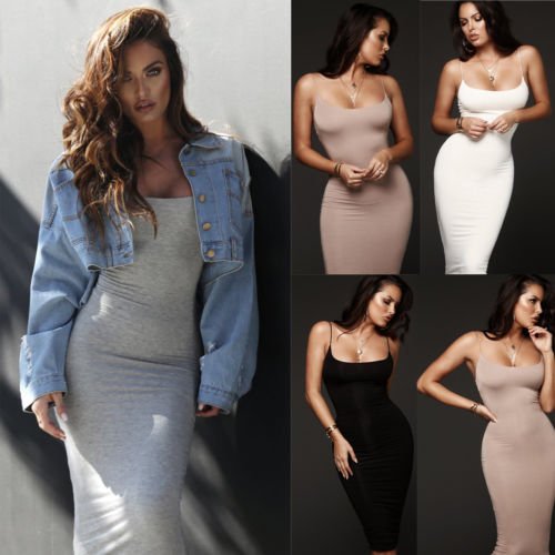 Women Lady V-Neck Pencil Dress Solid Color Backless Spaghetti Strap Bodycon Slim Slip Dress Summer Beach Sundress