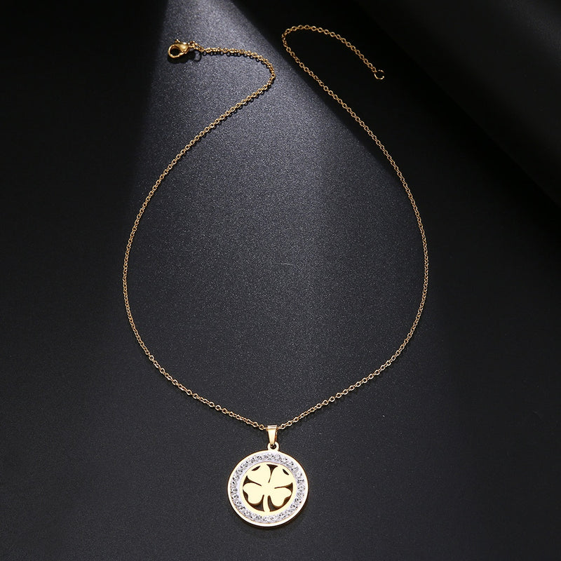 Cacana Stainless Steel Crystal Round Pendants Necklace Women Choker Jewelry Clover Trendy Necklaces Chain Valentine&