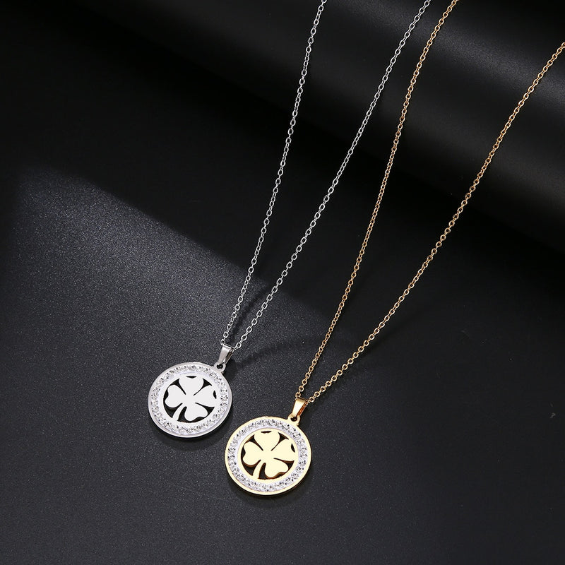 Cacana Stainless Steel Crystal Round Pendants Necklace Women Choker Jewelry Clover Trendy Necklaces Chain Valentine&