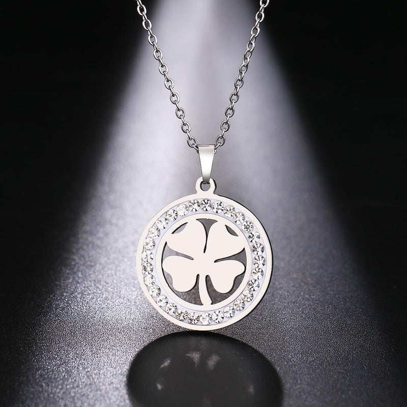 Cacana Stainless Steel Crystal Round Pendants Necklace Women Choker Jewelry Clover Trendy Necklaces Chain Valentine&