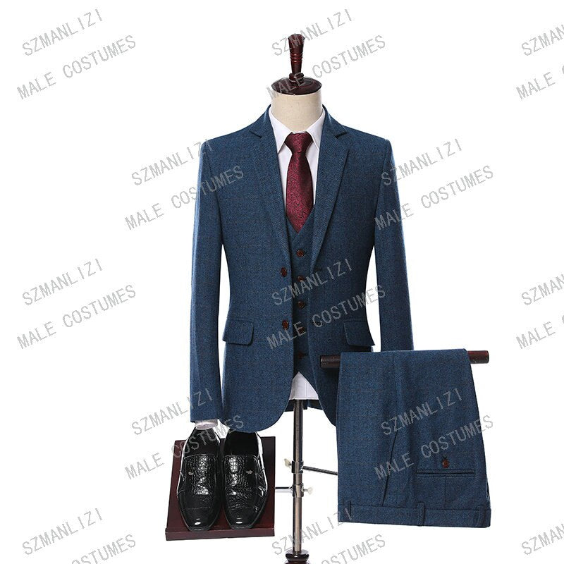 2020 Classic Business Plaid Men Suits New Design Custom Made Slim Fit 3 Pieces Wedding Suits For Men Dinner Party Groom Tuxedo