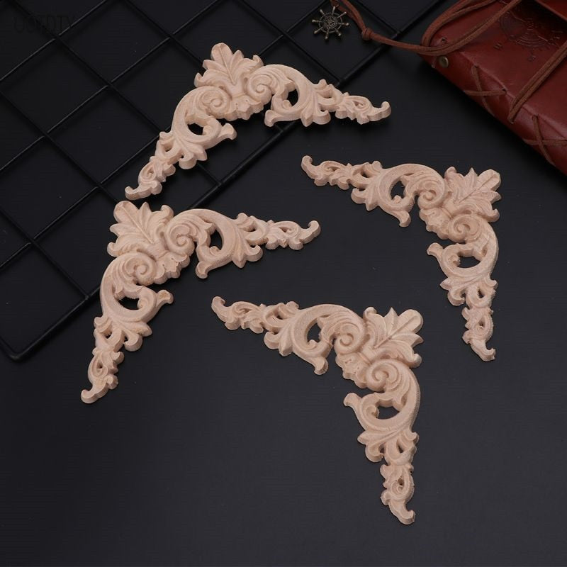 4pcs/set Wood Carved Corner Onlay Applique Unpainted Frame  Cupboard Cabinet Decal For Home Furniture Decoration 12x12cm