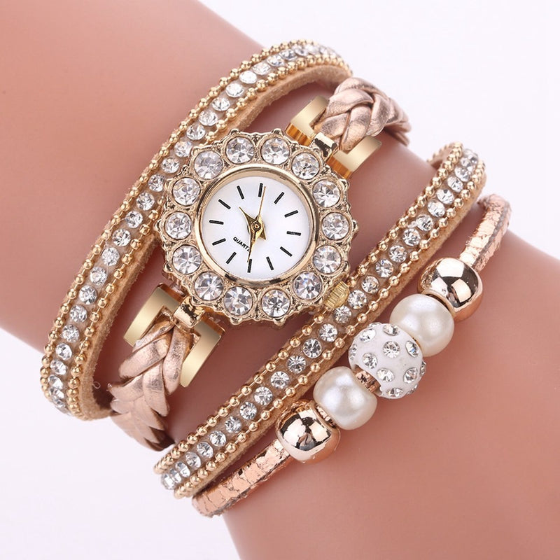 Luxury Gold Leather Watches For Women Pearls Dress Creative Watches Casual Women Bracelet Wristwatch Clock Gift Relogio Feminino