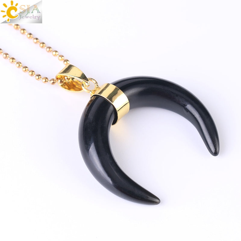 CSJA Natural Stones Crescent Moon Necklaces Pendants Purple Crystal Pink Quartz White Stone Gold Color Reiki Women F306