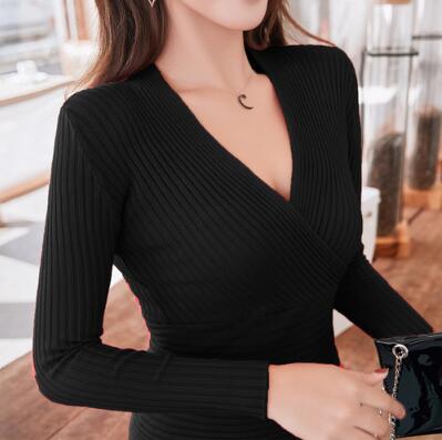 2022 New Sexy Deep V Neck Sweater Women's Pullover Casual Slim Bottoming Sweaters Female Elastic Cotton Long Sleeve Tops Femme