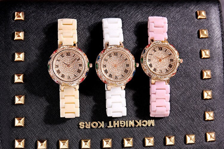 2019 Fashion Brand Ceramic Women Bracelets Watches Luxury Lady Colorful Rhinestone Wristwatch Full Diamond Crystal Dress Watch