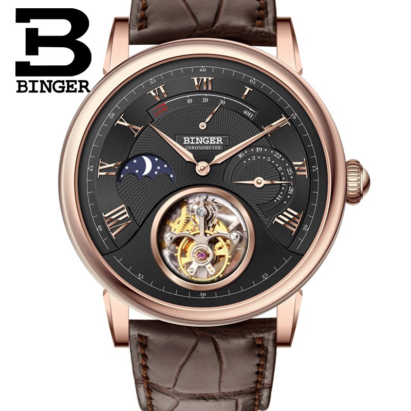 High Quality Seagull Tourbillon Mechanical Watch Crocodile Leather Strap Sapphire Men Skeleton Automatic Watch BINGER Blue dial