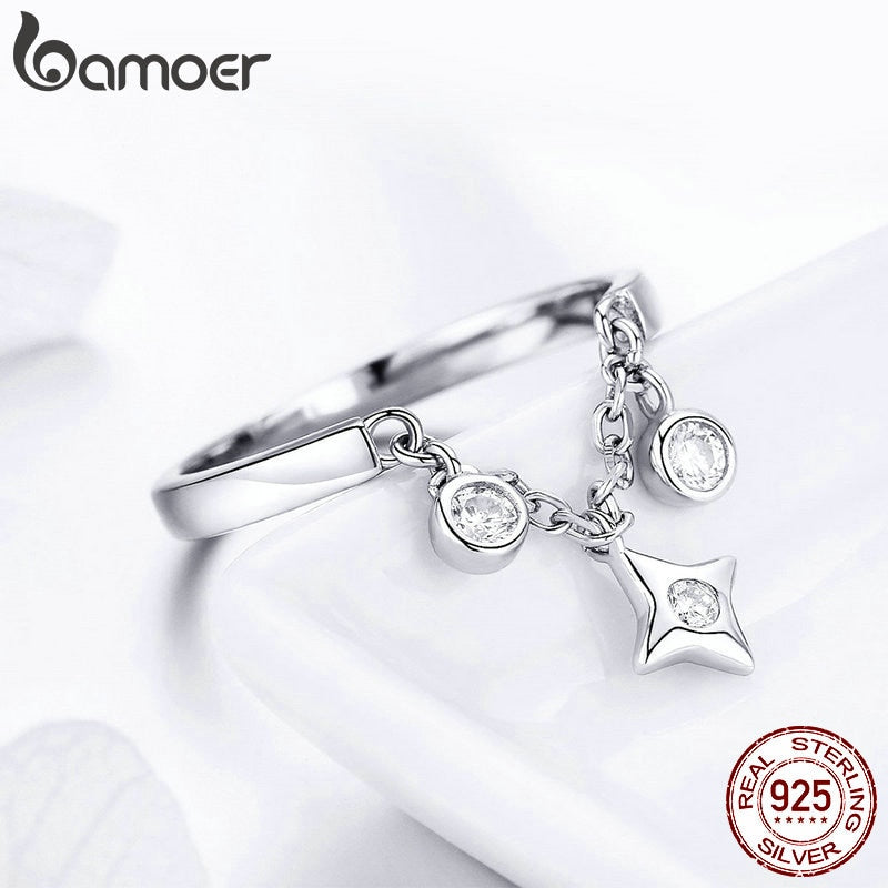 BAMOER Silver Rings 925 Stelring Silver Chain Ring for Women Clear CZ Star Ajudtable Rings Female Jewelry Wedding Gifts SCR408