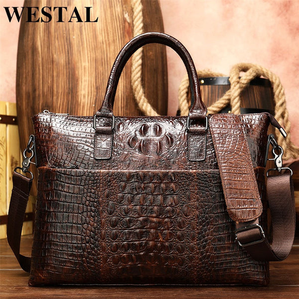 WESTAL Men Briefcase Men&#39;s Bag Genuine Leather Office Bags for Men Laptop Bag Leather Briefcase Men Croco Design Computer Bags