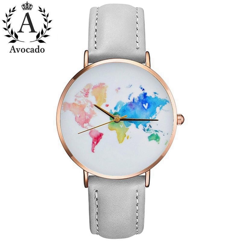 Fashion Elegant Romantic Women Watches World Map Travel Leather Watchband Ladies Quartz Wristwatches Gifts For Girls