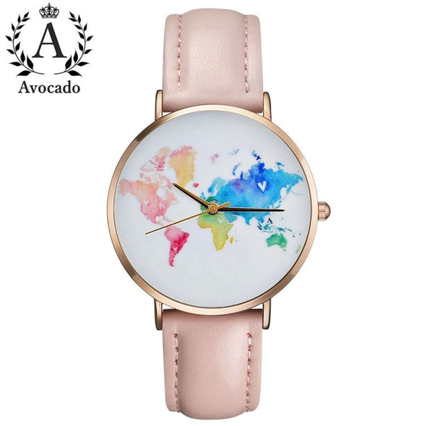 Fashion Elegant Romantic Women Watches World Map Travel Leather Watchband Ladies Quartz Wristwatches Gifts For Girls