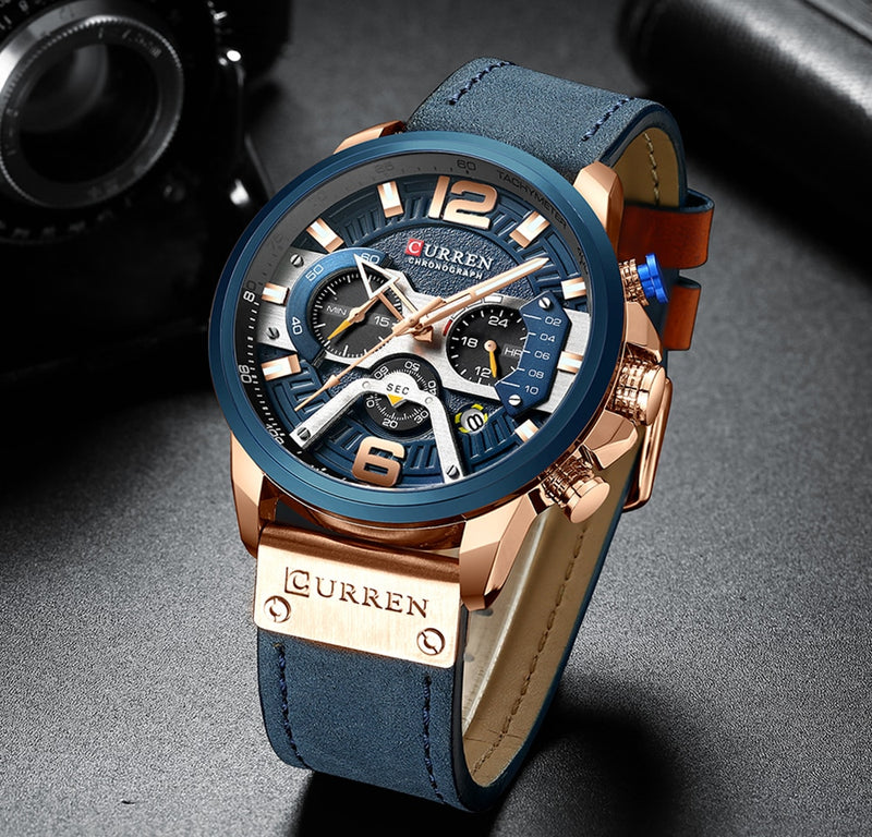 2021 CURREN Men Watches Top Brand Luxury Blue Leather Chronograph Sport Watch For Men Fashion Date Waterproof Clock Reloj Hombre