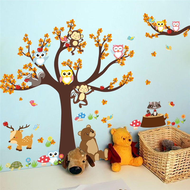 Forest Tree Branch leaf Animal Cartoon Owl Monkey Bear Deer Wall Stickers For Kids Rooms Boys Girls Children Bedroom Home Decor