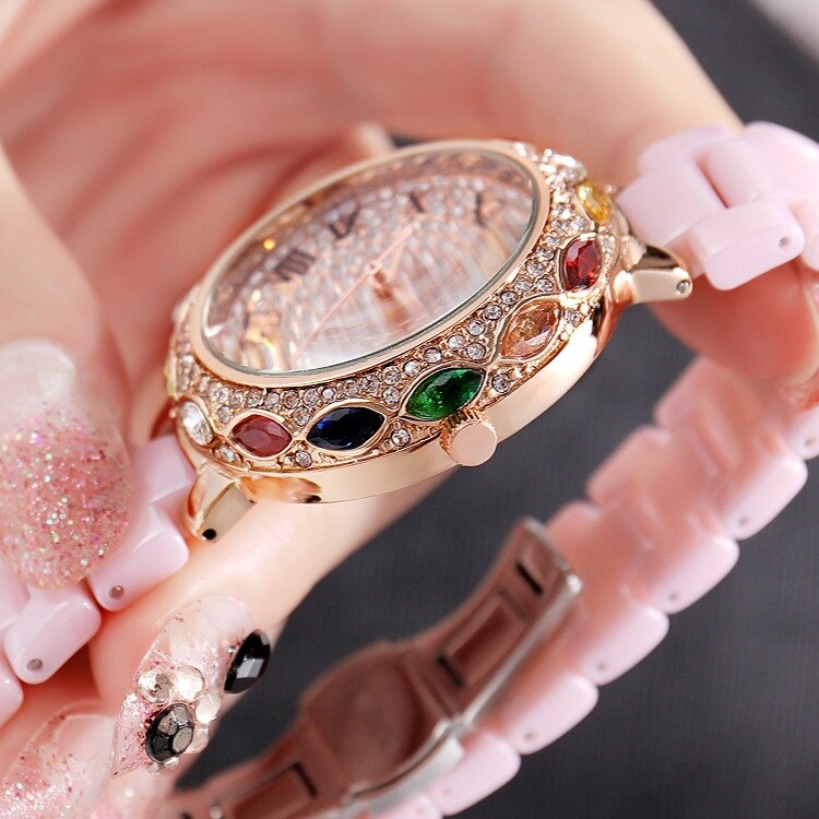 2019 Fashion Brand Ceramic Women Bracelets Watches Luxury Lady Colorful Rhinestone Wristwatch Full Diamond Crystal Dress Watch