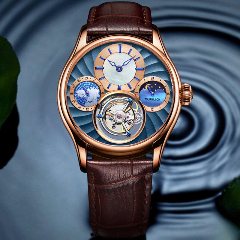 AESOP Watches Mens Real Tourbillon Watch GMT Mechanical Hand Wind Top Brand Luxury Male Clock Sapphire Blue Relogio Masculino