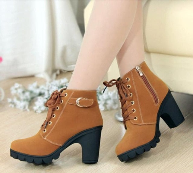 Ankle boots women 2022 new elegant square heel shoes woman high heel solid color vintage women boots lace-up women shoes