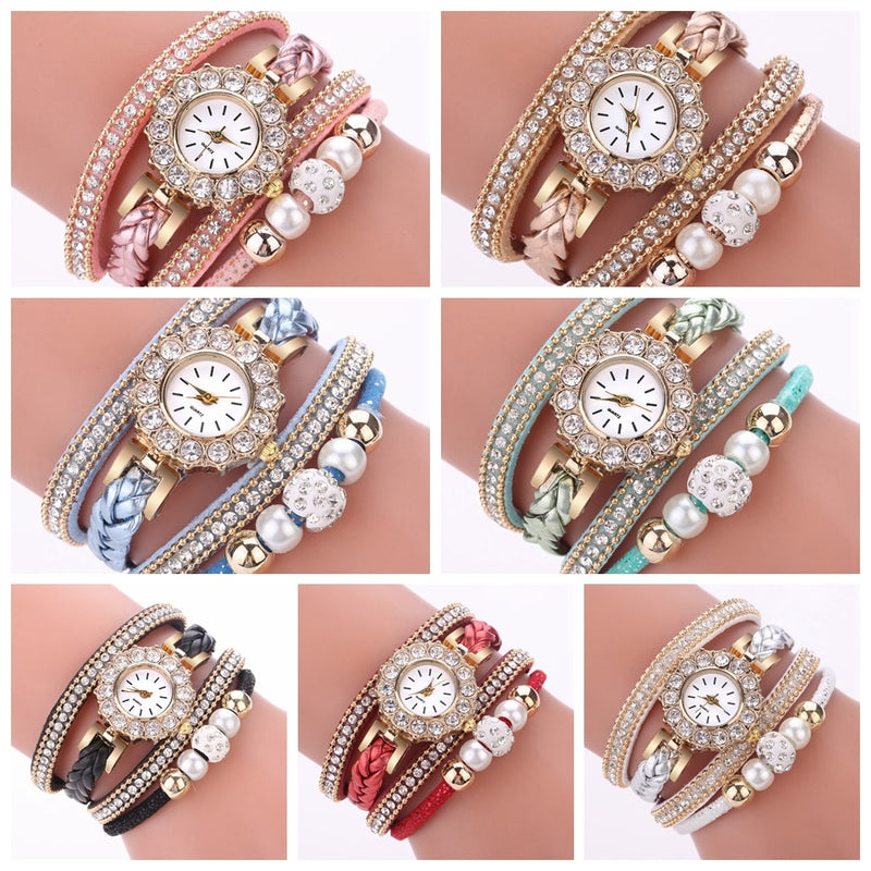 Luxury Gold Leather Watches For Women Pearls Dress Creative Watches Casual Women Bracelet Wristwatch Clock Gift Relogio Feminino