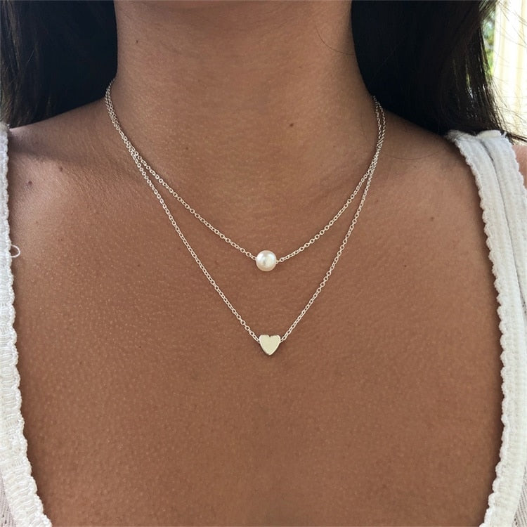 Hot Sale Fashion Sweet Double Layers Imitation Pearls Heart-shaped Droplets Pendants Necklaces Cheap Clavicle Jewelry For Women