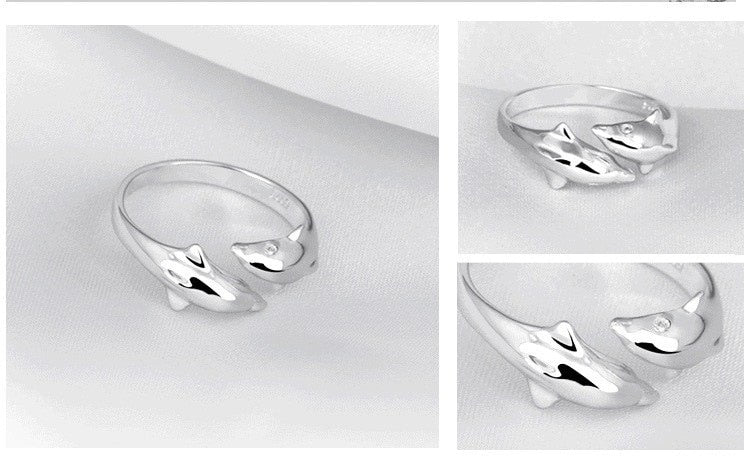 Silver Color  Jewelry Open Happy Double Dolphin Love Rings For Party Women Gift Adjustable Ring Anillos Bague VRS2196