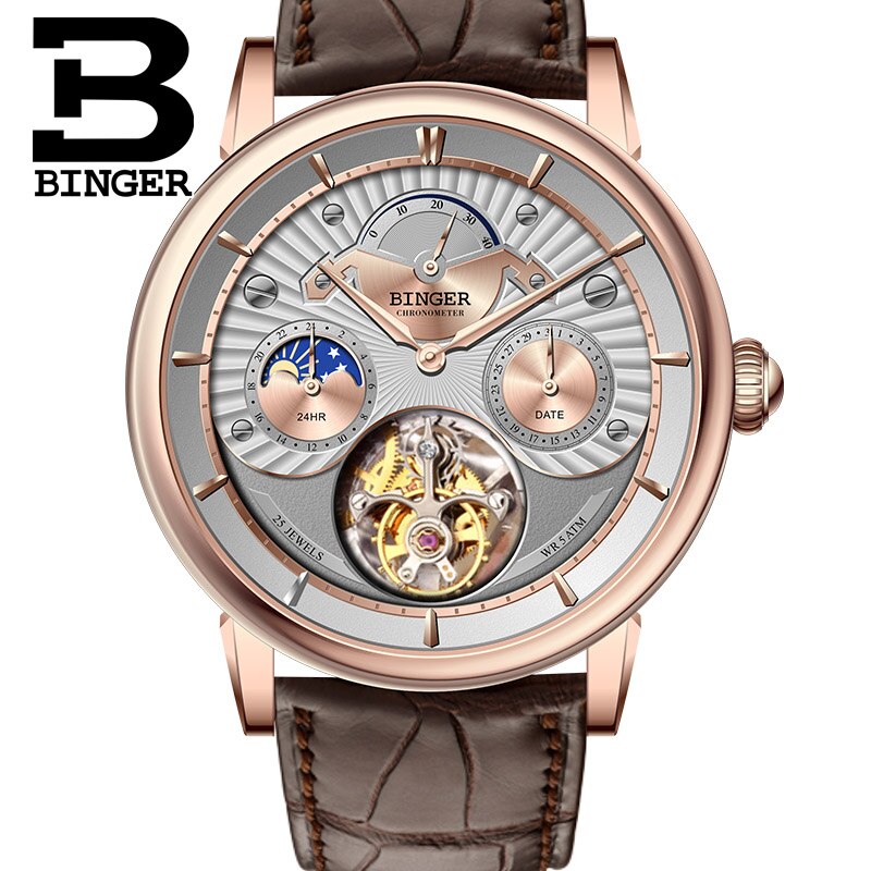 High Quality Seagull Tourbillon Mechanical Watch Crocodile Leather Strap Sapphire Men Skeleton Automatic Watch BINGER Blue dial