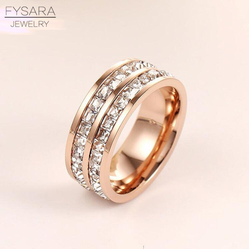 FYSARA Single Double Row Austrian Crystals Square Rings for Women Jewelry Titanuim Steel Rose Gold Zirconia Luxury Love Rings