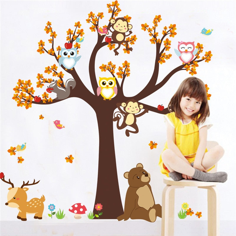 Forest Tree Branch leaf Animal Cartoon Owl Monkey Bear Deer Wall Stickers For Kids Rooms Boys Girls Children Bedroom Home Decor