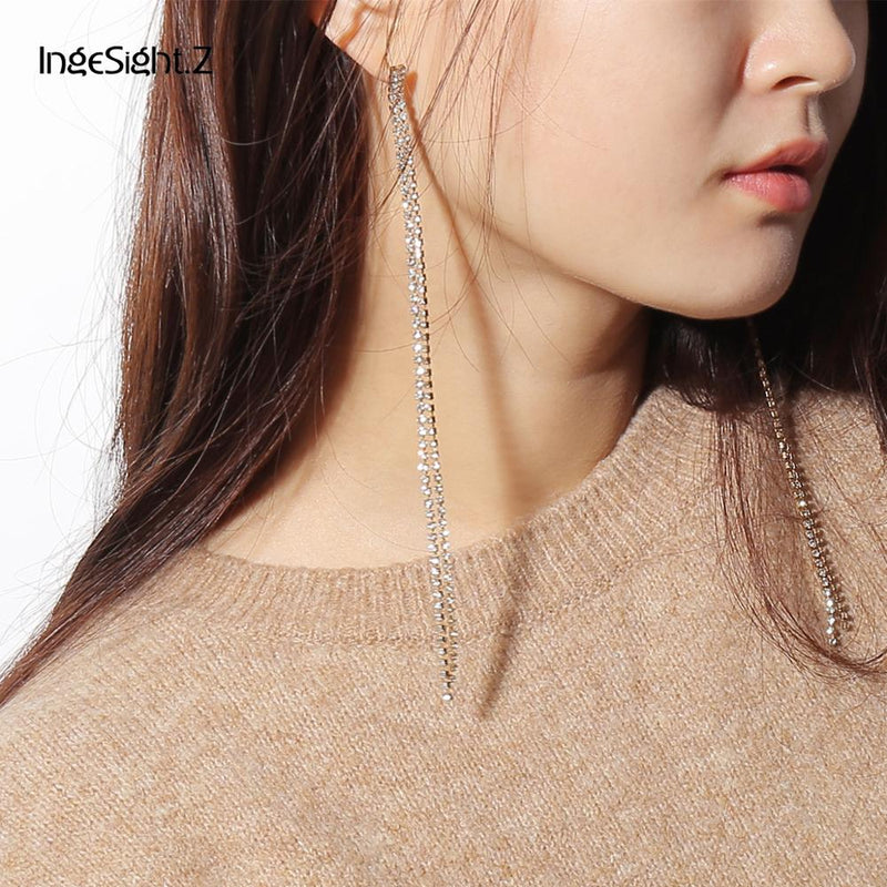 17cm Long Rhinestones Crystal Dangle Earrings Women Fashion Drop Earrings Jewelry Silver Color Double Tail Tassel Accessories