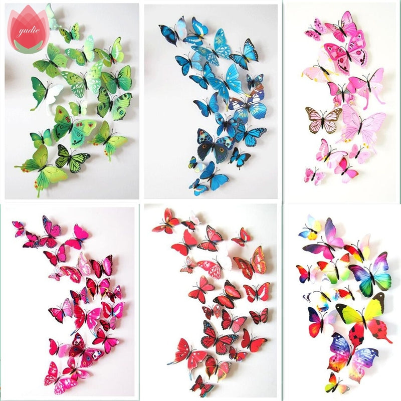 12Pcs DIY Lifelike 3D Multicolor Butterfly Magnet Fridge Magnet Wall Stickers Kids Baby Rooms Kitchen Home Decoration Free Glue