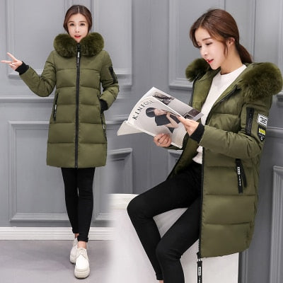 Women Winter Outwear Korean Big Fur Collar Down Cotton Parka Women Slim Mid-Long Fashion Overcoat Warm Thick Wadded Jacket Coat