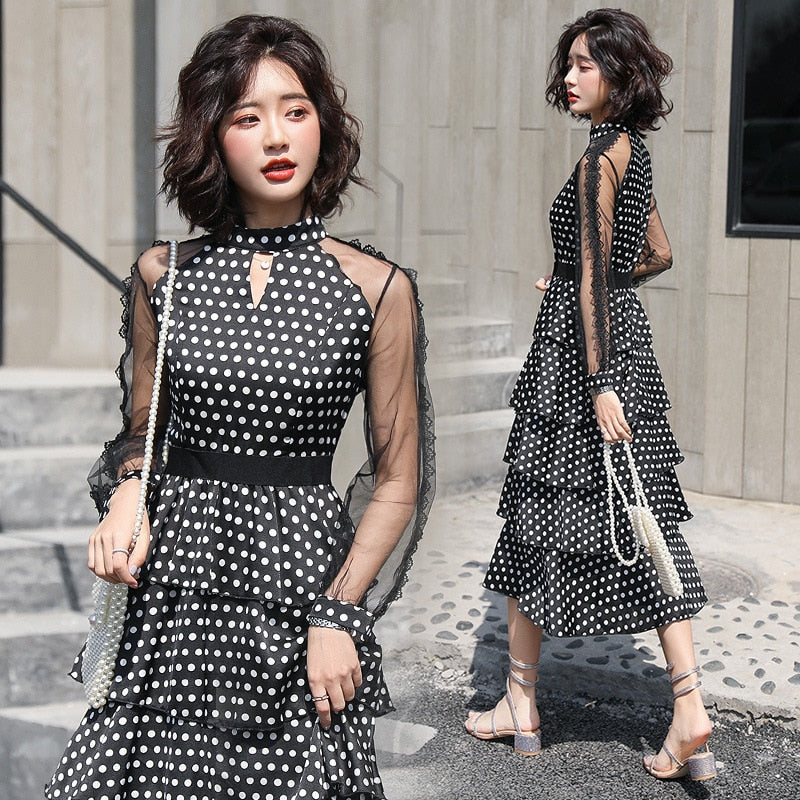 Fashion new chiffon dress transparent long-sleeved polka dot dress ladies elegant temperament long dress